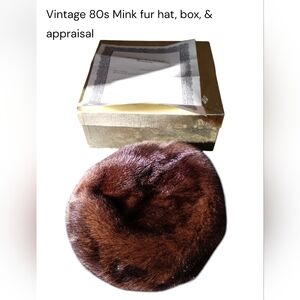 Vtg '88 Mink fur Beret hat USA sm mahogany Original Box & Appraisal